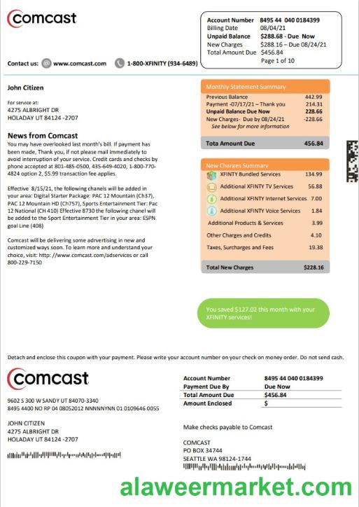 USA Utah Comcast utility bill template in Word and PDF format version 2